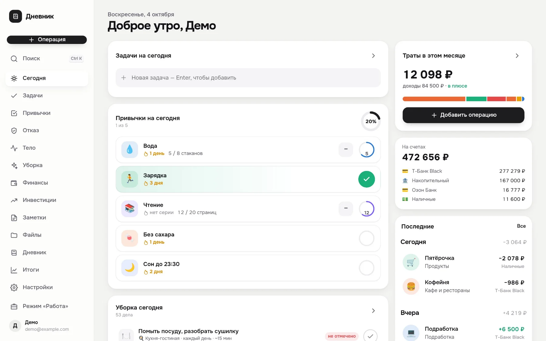 Дневник: экран «Сегодня»